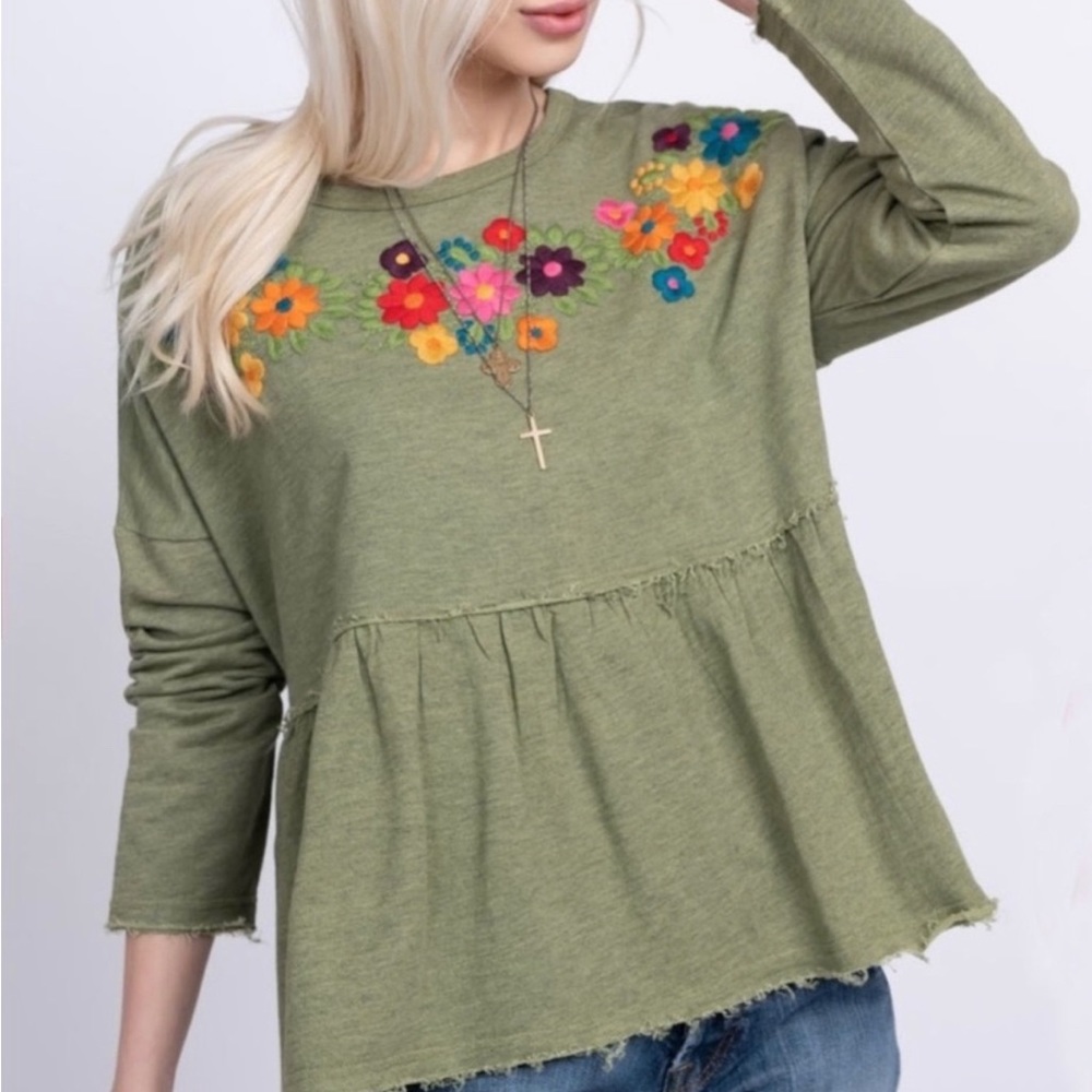 SISTER MARY Emma Floral Multicolored Embroidered Green Oversized Top Sz S/M